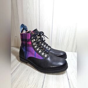 Fluevog Black/Purple Plaid Lace Up Leather Ankle Boots Radio 2 Mens 9 Womens 11